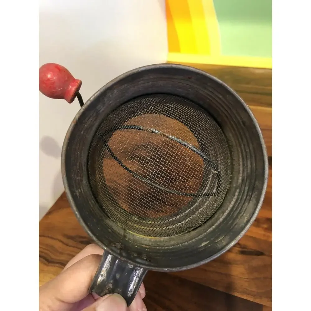 Antique Bromwell Metal Flour Sifter with Red Wood Knob Turn Handle USA